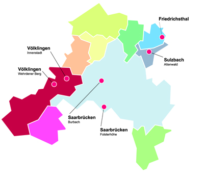 Standorte der Caritas Gemeinwesenprojekte im Stadtverband Saarbrücken